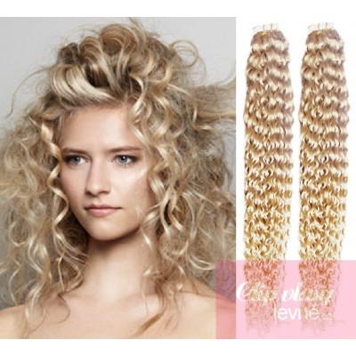 24 inch (60cm) Tape IN human REMY hair curly - platinum blonde